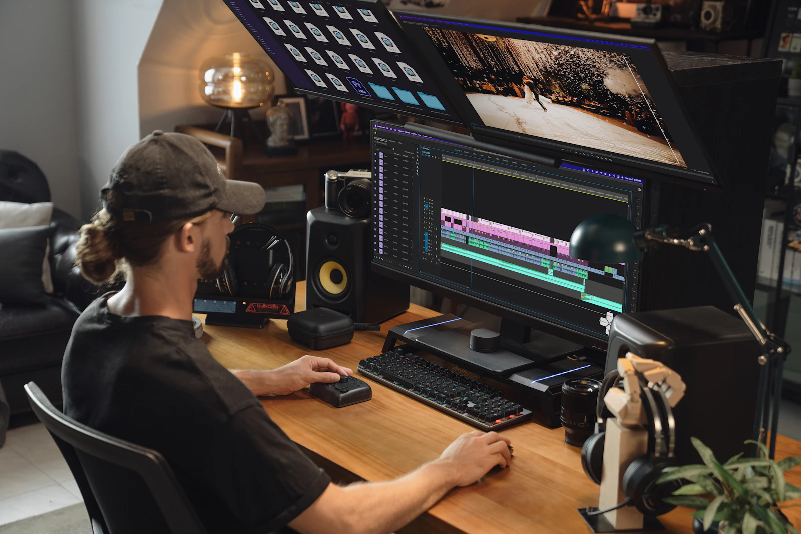 Video editor reviewing a multitrack timeline and programme monitor at a workstation.