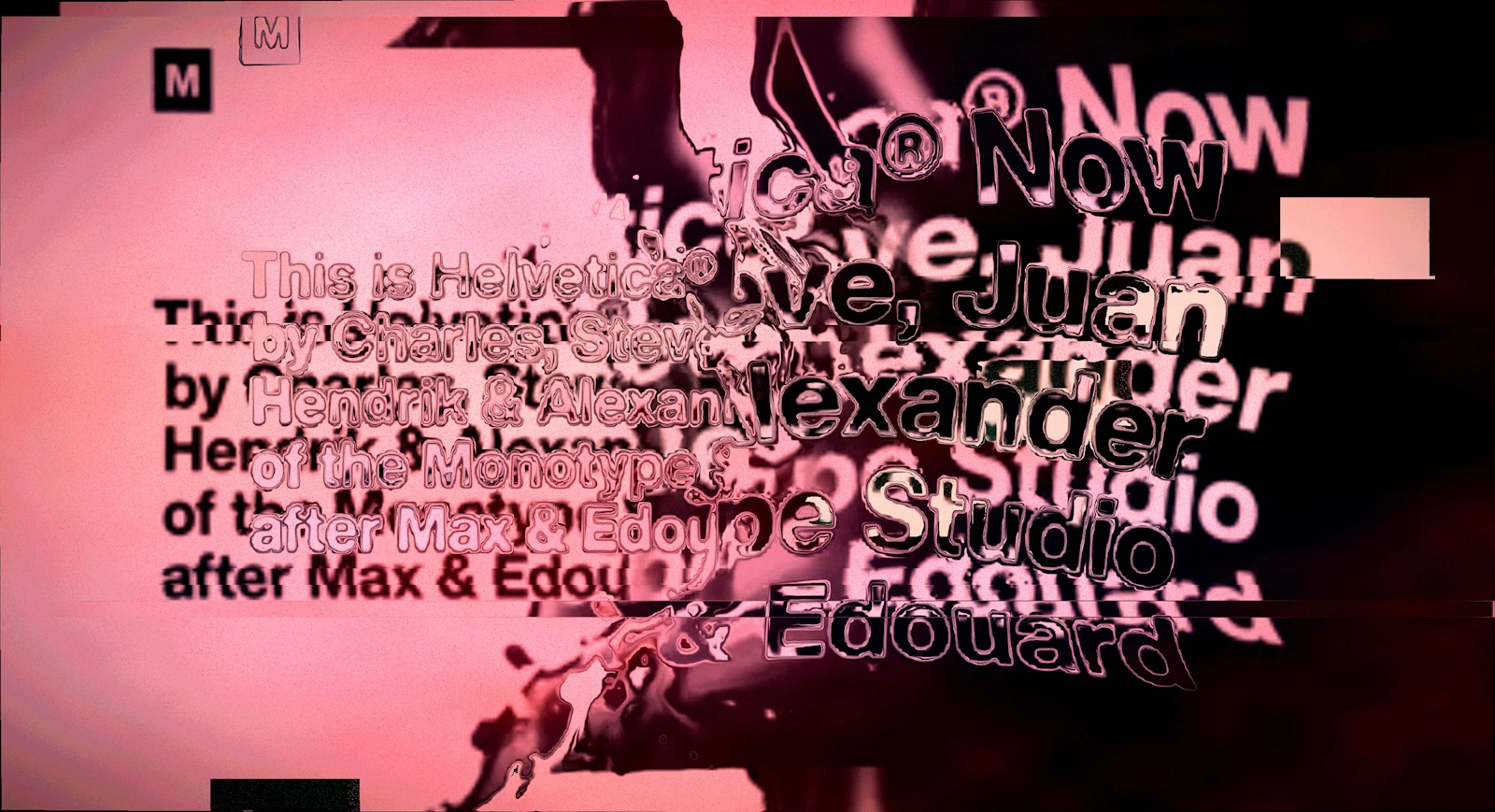 Layered pink-and-black experimental typography with overlapping three-dimensional letters.