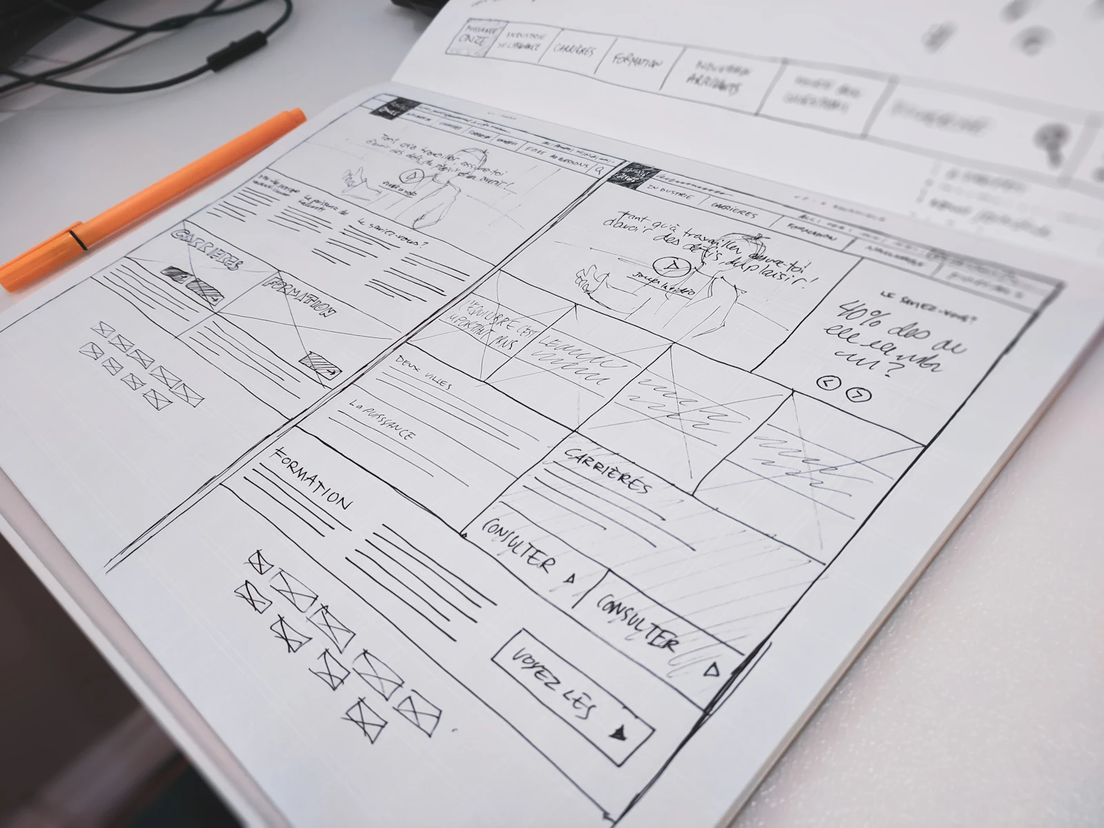 Hand-drawn interface wireframes arranged on paper beside an orange pen.