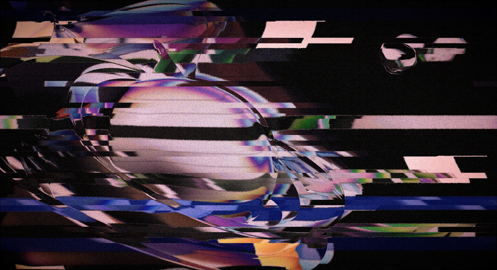 Abstract digital image broken into pink, black and green horizontal glitch fragments.