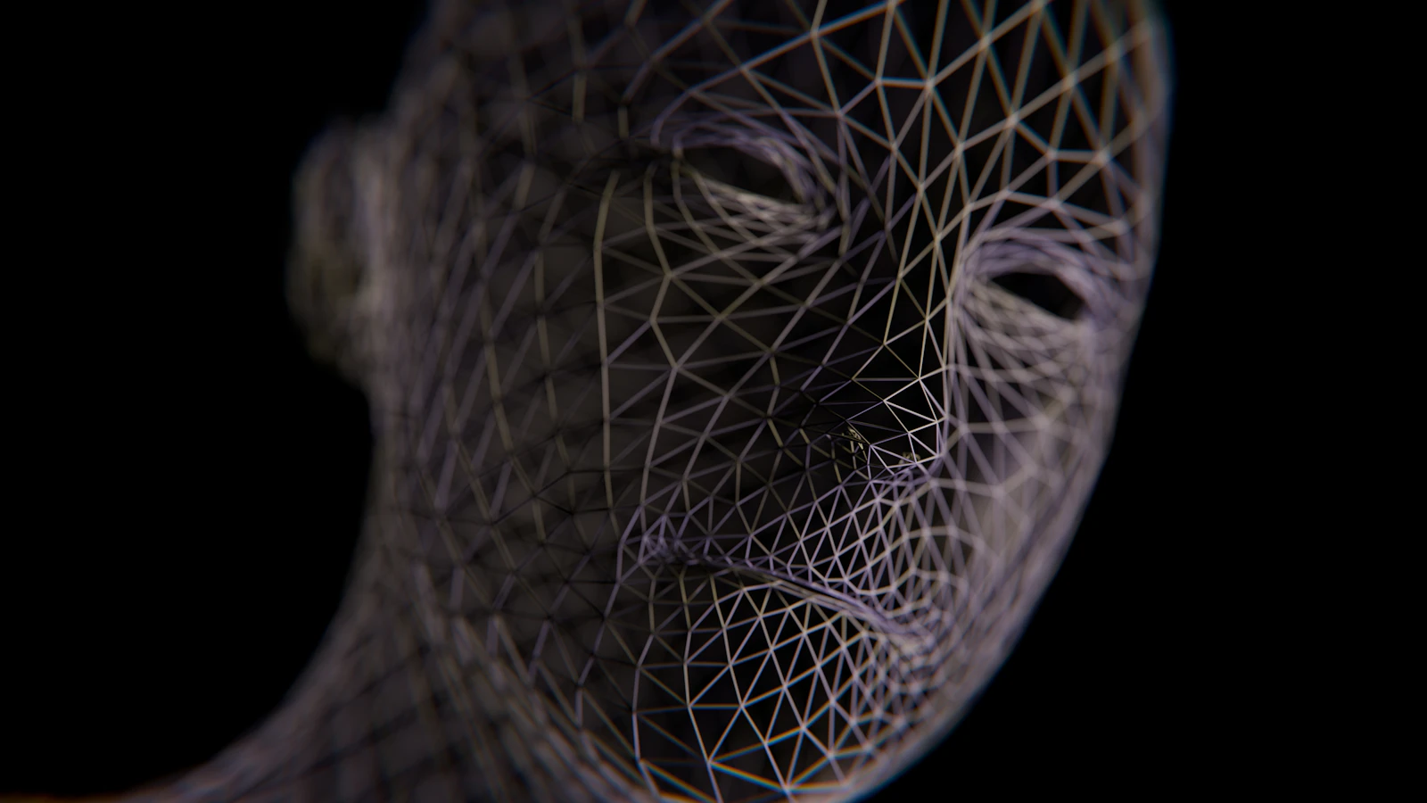 Close-up of a human head built from a triangular 3D wireframe.
