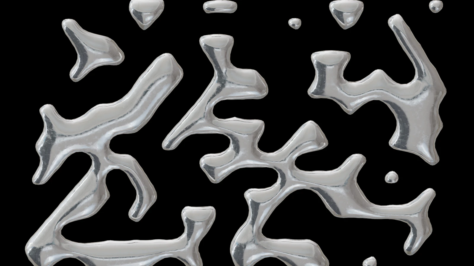 Silver reflective 3D shapes with broad highlights against a black background.