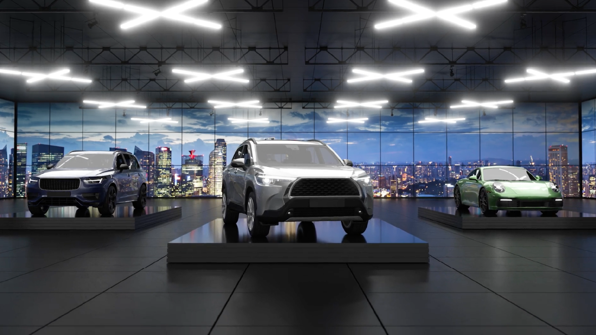 Three TSAPA batteries displayed in a CGI showroom with vehicles in the background.