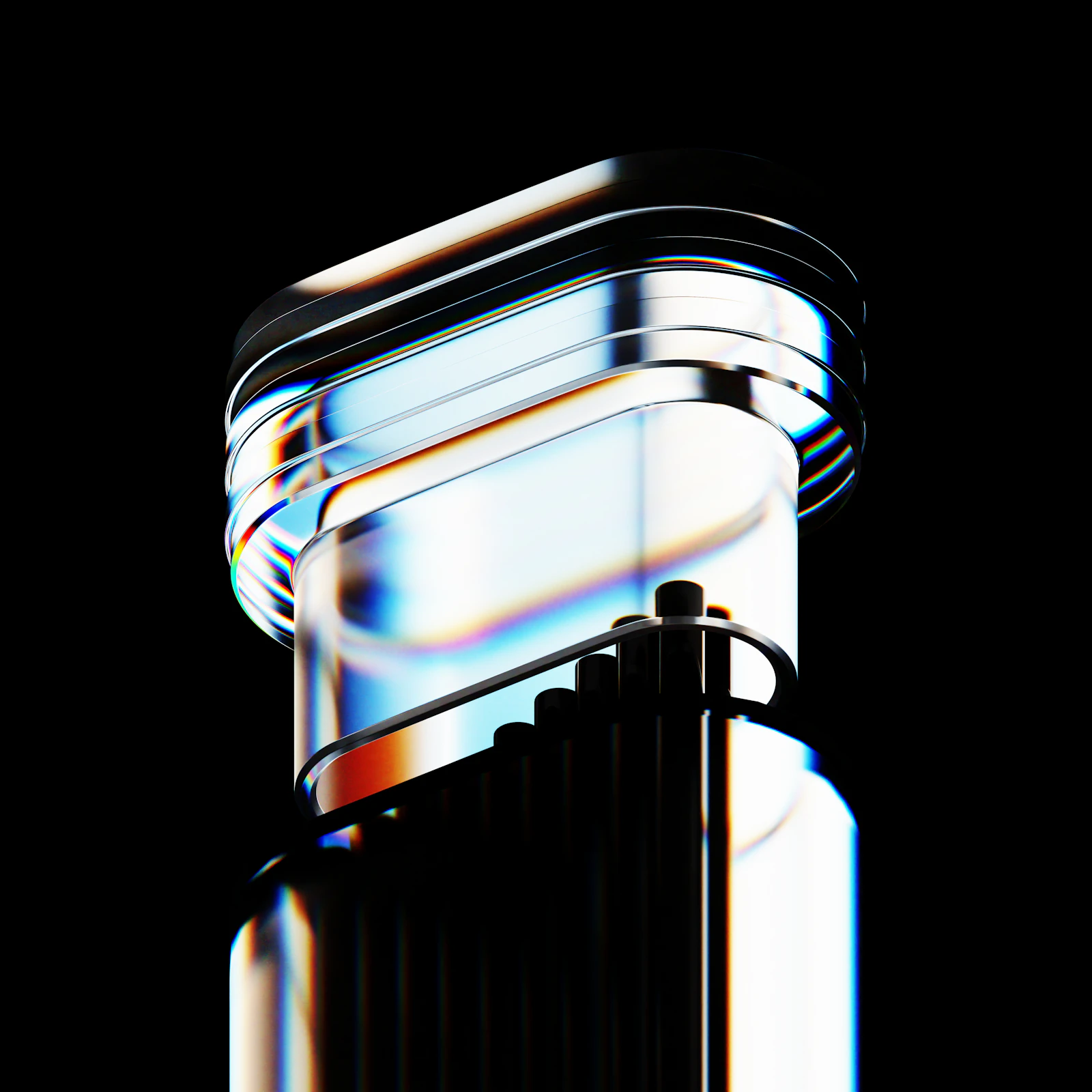 Transparent glass-and-metal product concept with curved reflective edges on black.