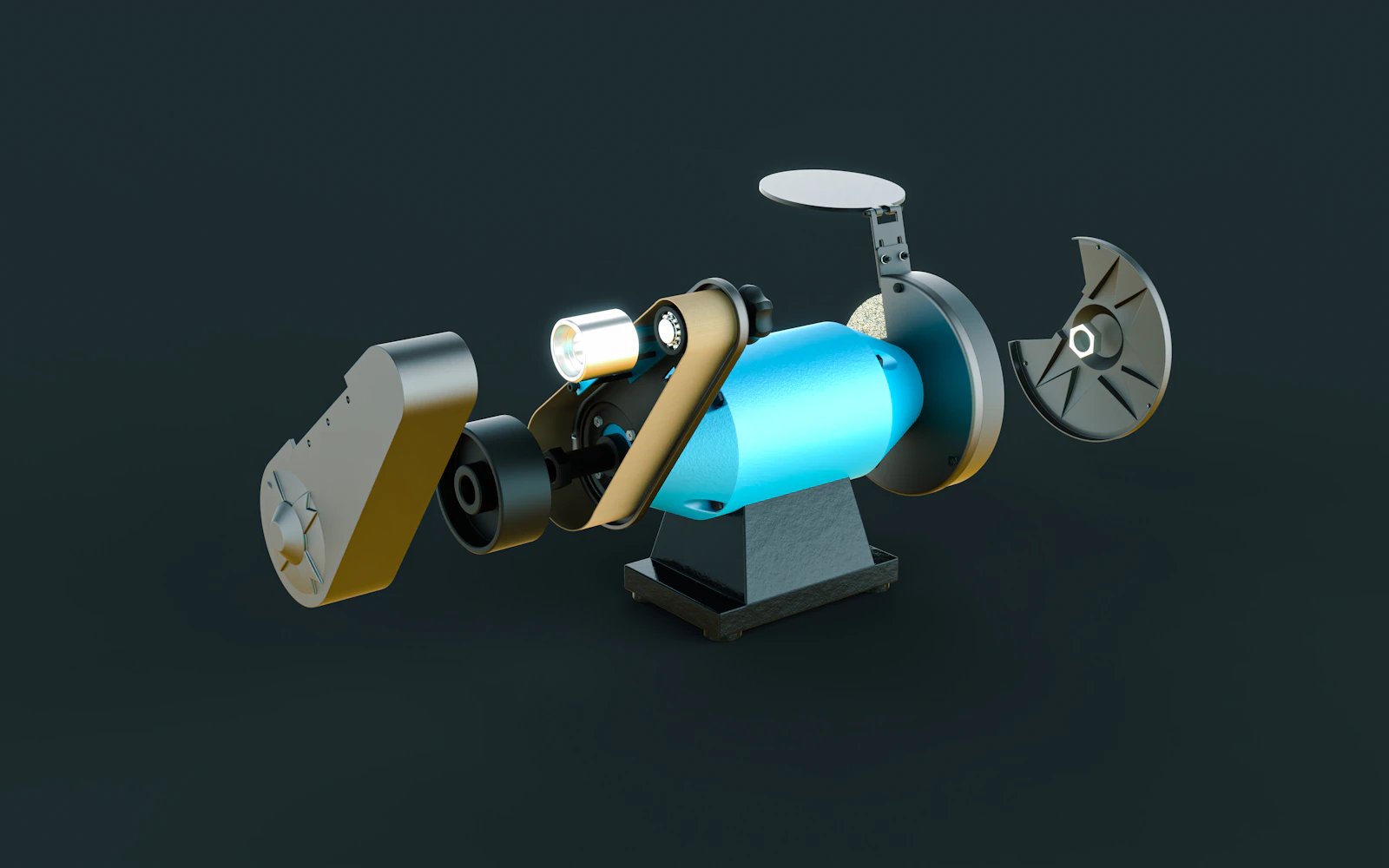 Exploded 3D view of a compact motor with separated housing, rotor and fan components.